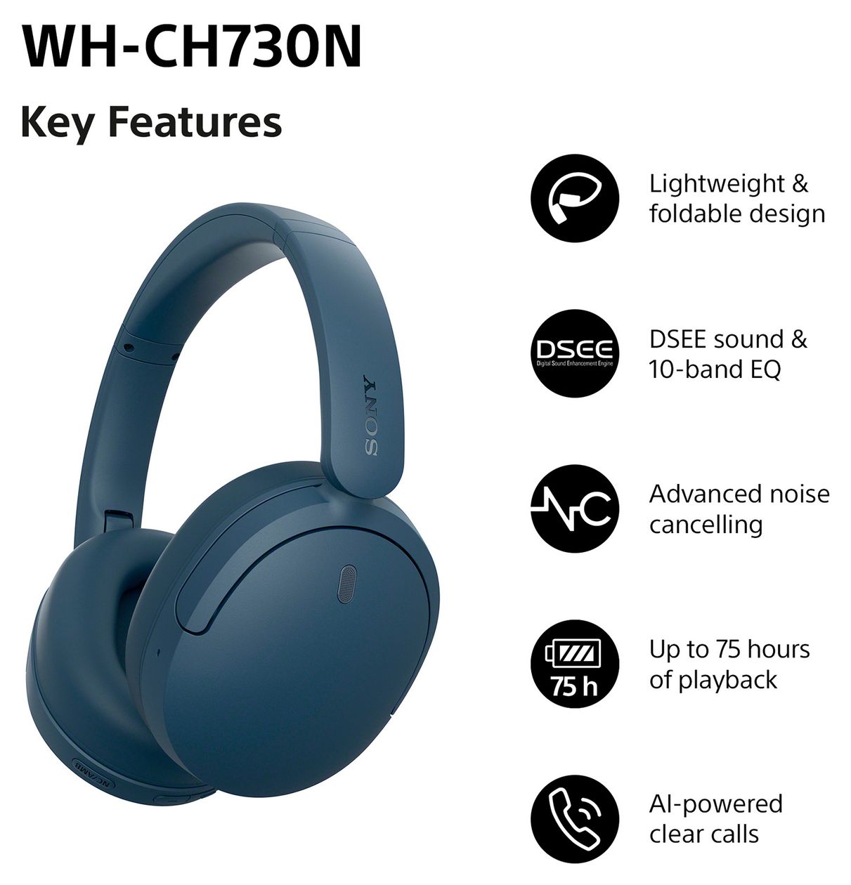 WH-CH730 Over Ear Bluetooth Kopfhörer kabellos USB Typ-C  (Blau) 