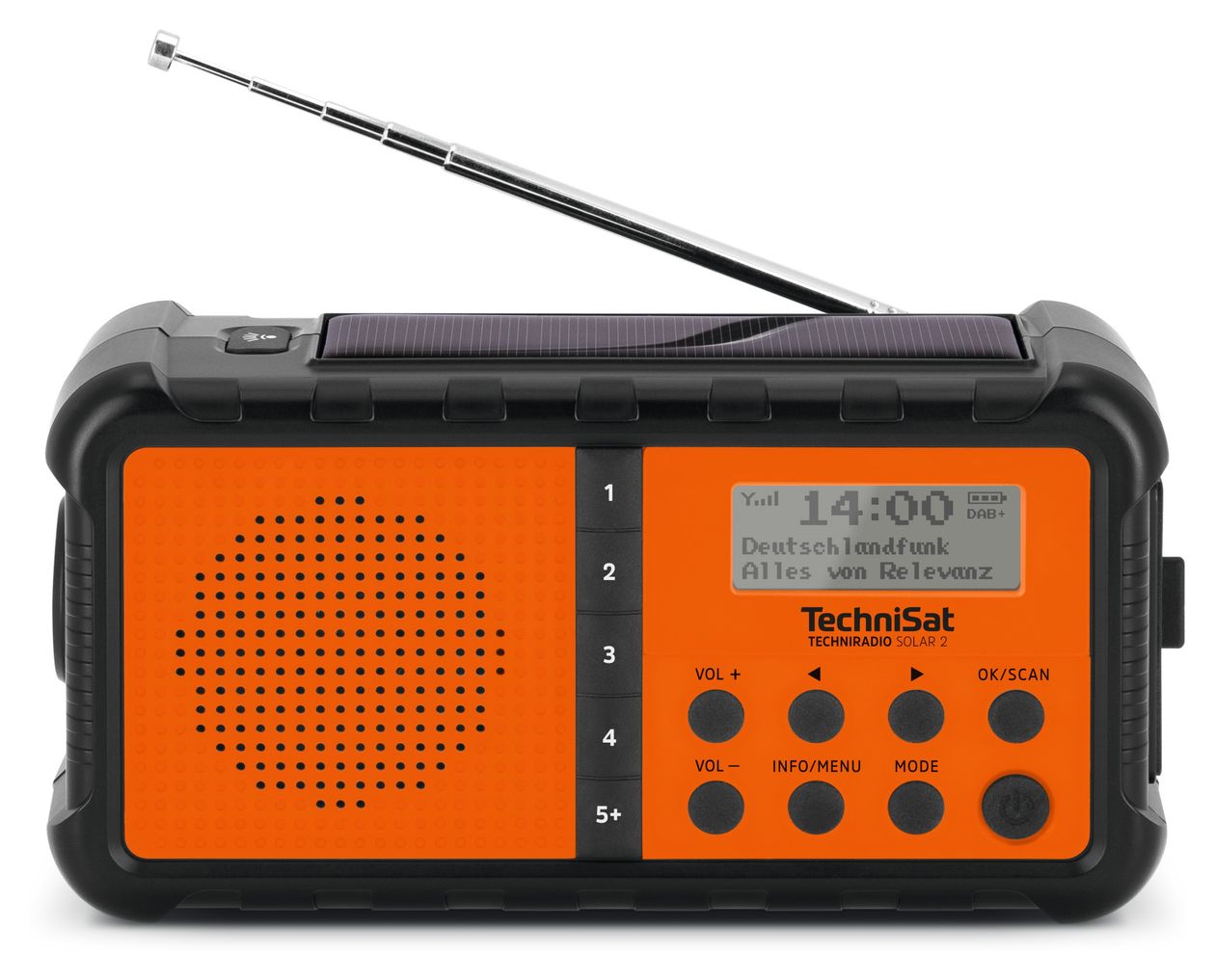 TechniRadio Solar 2 DAB+, FM Radio Tragbar Wasserfest IPX4  (Schwarz, Orange) 