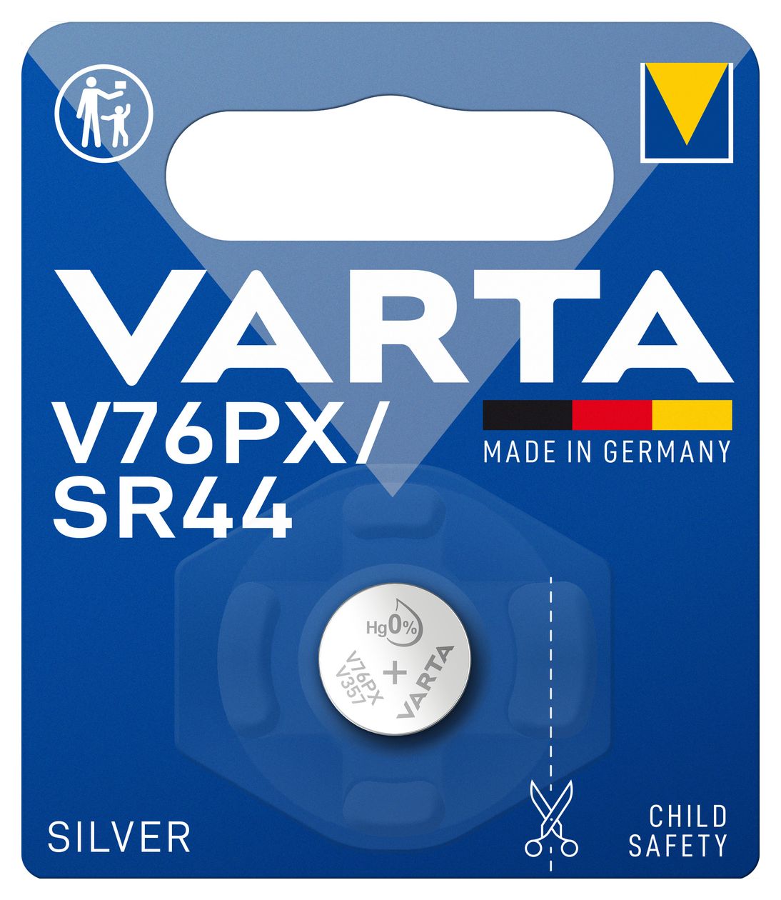 Batterien V76PX/SR44 Knopfzelle, 1 Stück, Silver Coin, 1,55V, kindersichere Verpackung, für elektronische Kleingeräte - Uhren, Autoschlüssel, Fernbedienungen, Waagen, Made in Germany 