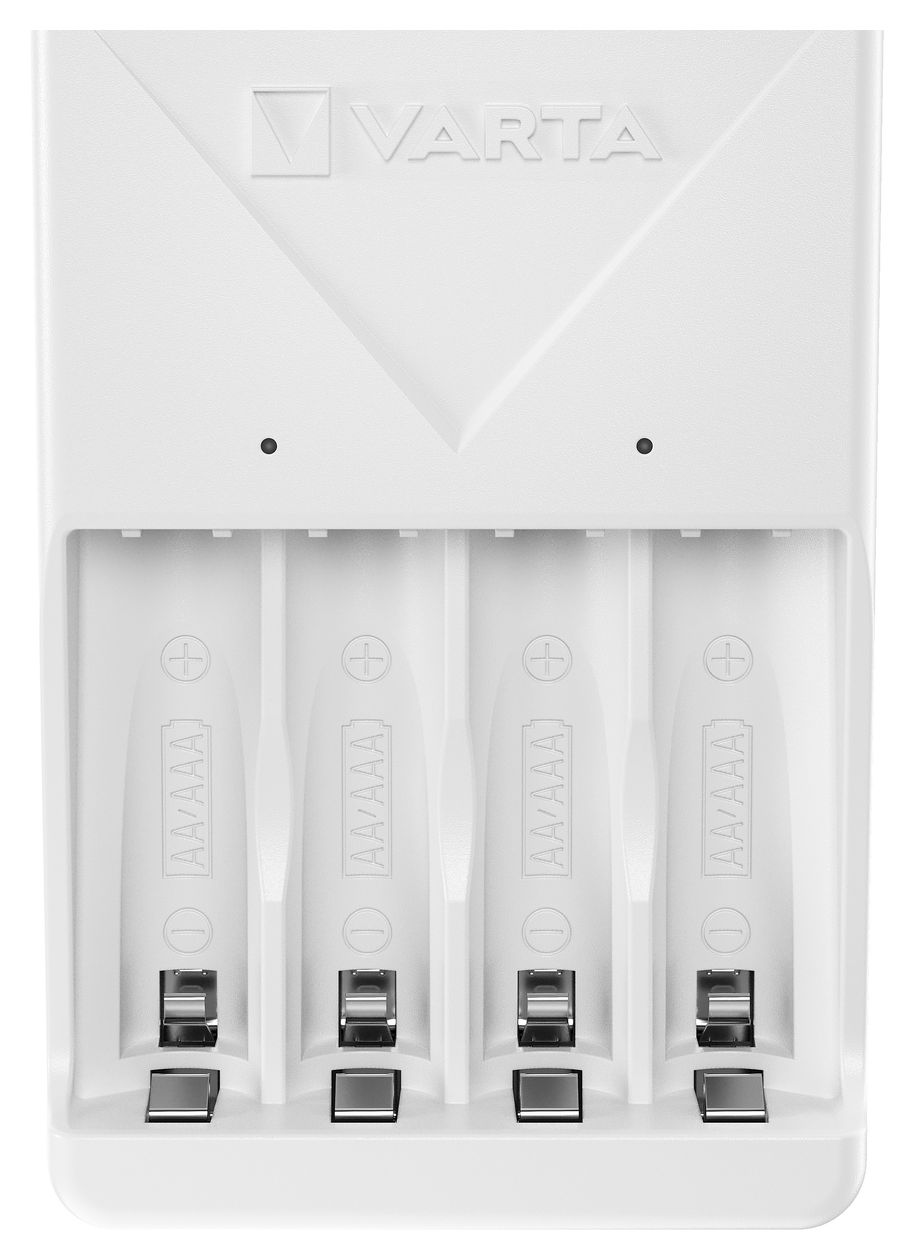Akku Ladegerät, inkl. 4X AA 2100mAh, Batterieladegerät für wiederaufladbare Batterien, lädt 2 oder 4 AA/AAA gleichzeitig, Plug Charger, weiß 