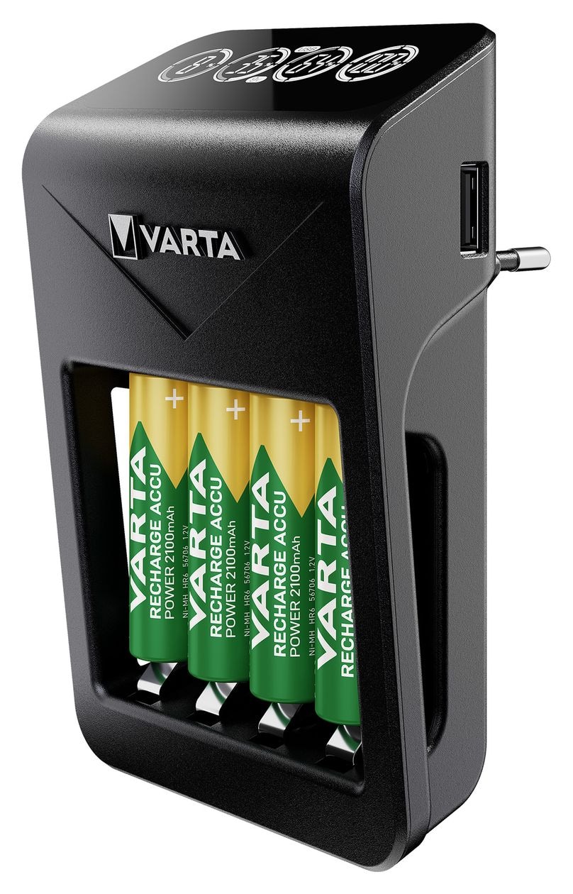 Akku Ladegerät, inkl. 4X AA 2100mAh, Batterieladegerät für wiederaufladbare AA/AAA/9V und USB Geräte, LCD Plug Charger+, Einzelschachtladung 