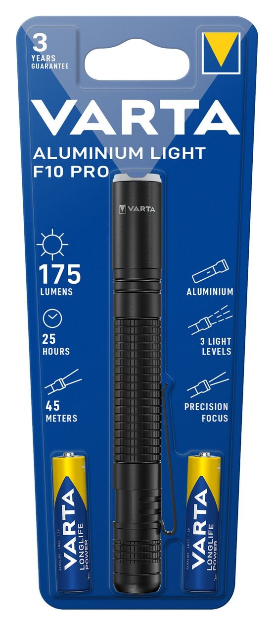 Aluminium F10 Pro LED Taschenlampe (inkl. 2x Longlife Power AAA Batterien für den täglichen Gebrauch, 175 Lumen, stoßfest, 3 Jahre Garantie) schwarz für Haushalt, Camping, Outdoor 