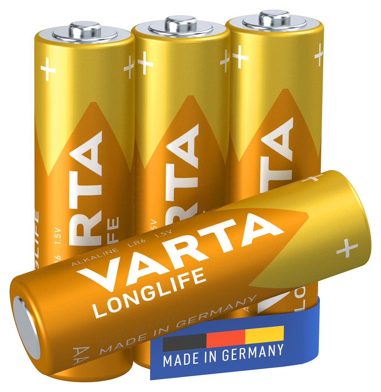 Batterien AA, 4 Stück, Longlife, Alkaline, 1,5V, ideal für Fernbedienungen, Wecker, Radios, Wanduhren, Made in Germany 