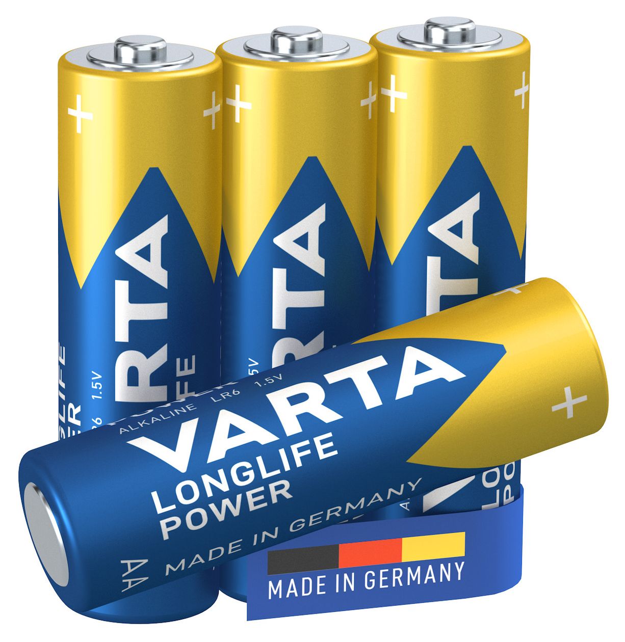 Batterien AA, 4 Stück, Longlife Power, Alkaline, 1,5V, ideal für Spielzeug, Funkmaus, Taschenlampen, Made in Germany 