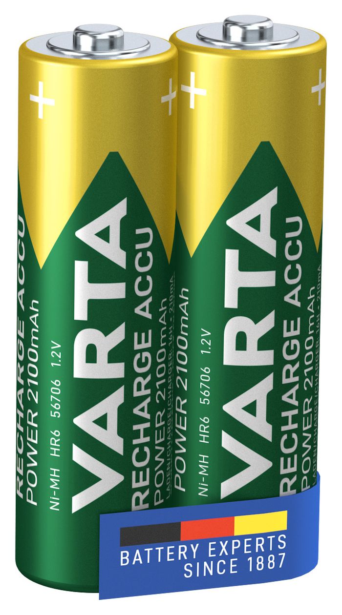 Batterien AA, wiederaufladbar, 2 Stück, Recharge Accu Power, Akku, 2100 mAh Ni-MH, ohne Memory Effekt, vorgeladen, sofort einsatzbereit 