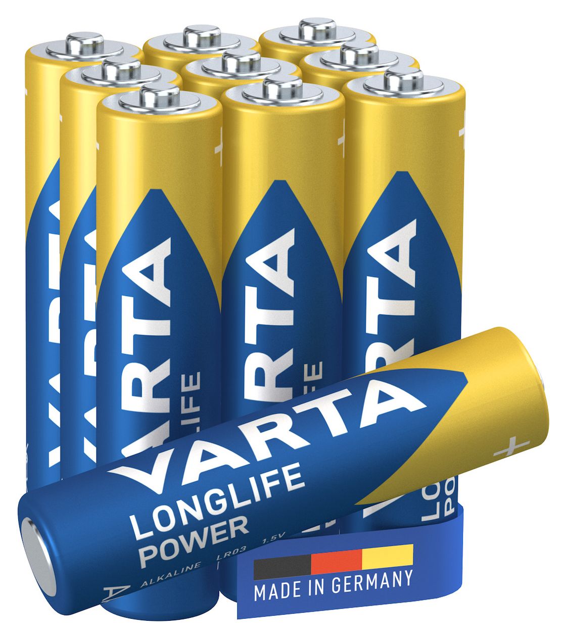 Batterien AAA, 10 Stück, Longlife Power, Alkaline, 1,5V, ideal für Spielzeug, Funkmaus, Taschenlampen, Verpackung zu 90% recycelt, Made in Germany 