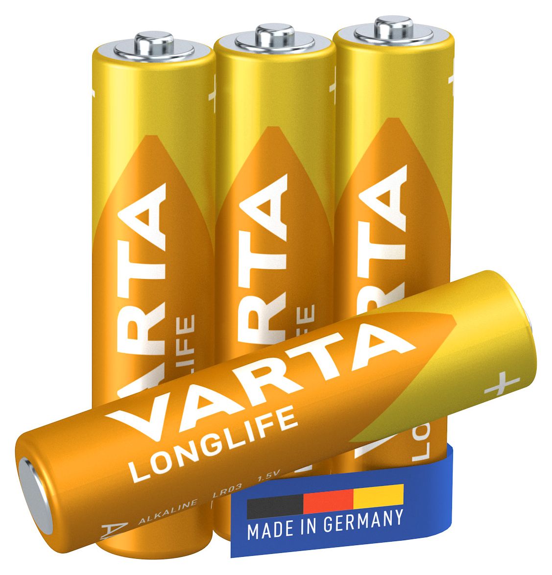 Batterien AAA, 4 Stück, Longlife, Alkaline, 1,5V, ideal für Fernbedienungen, Wecker, Radios, Wanduhren, Made in Germany 