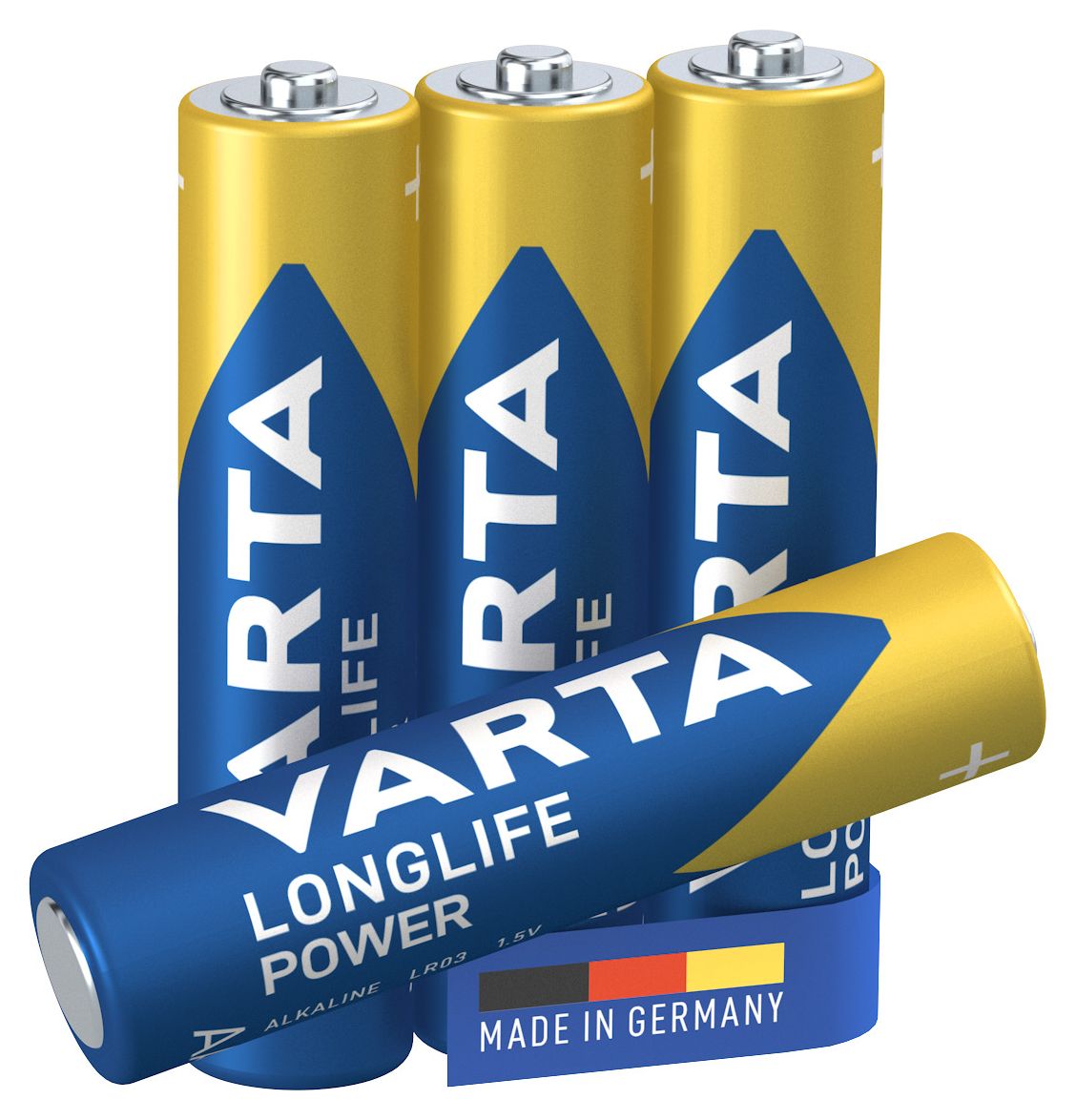 Batterien AAA, 4 Stück, Longlife Power, Alkaline, 1,5V, ideal für Spielzeug, Funkmaus, Taschenlampen, Made in Germany 