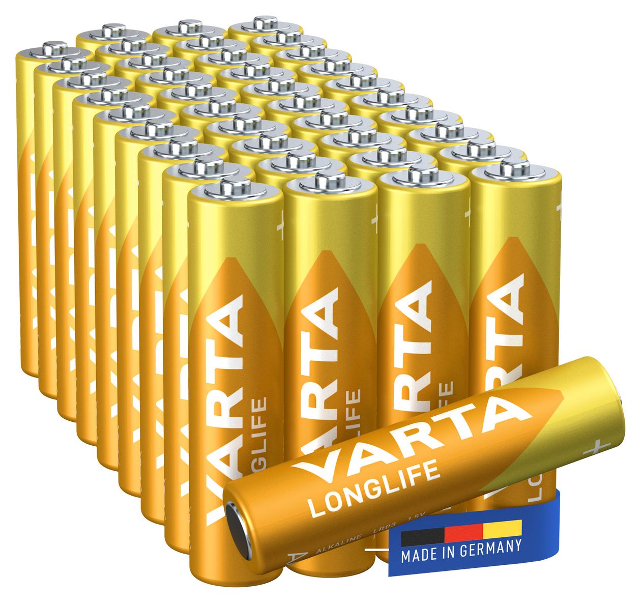 Batterien AAA, 40 Stück, Longlife, Alkaline, 1,5V, für Fernbedienungen, Radios, Uhren, Made in Germany 