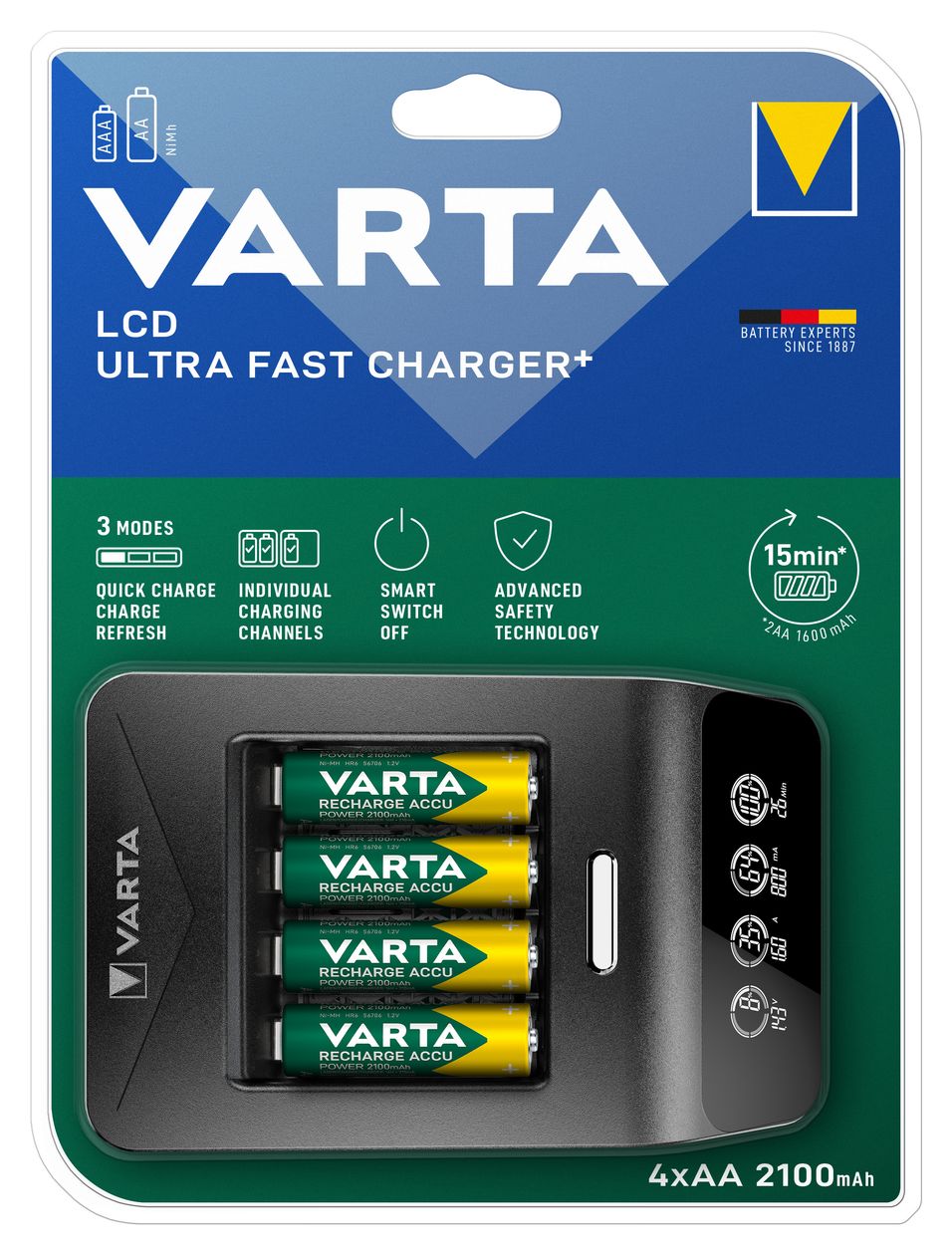 LCD Ultra Fast Charger+ AA & AAA (NiMH Akkus inkl. 4x AA 2100 mAh Akkus & AC sdapter & 12 V Adapter), schwarz 