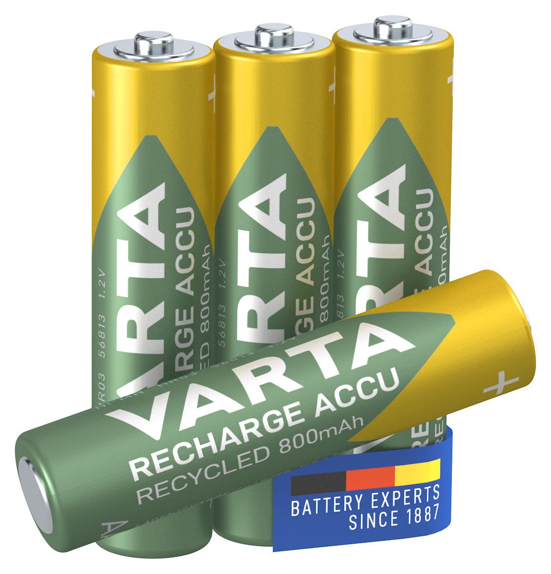 Recharge Accu Recycled AAA 800 mAh 4er-Pack (vorgeladener NiMH-Akku, Micro, 25 % recyceltes Material, wiederaufladbarer Akku, sofort einsatzbereit) 