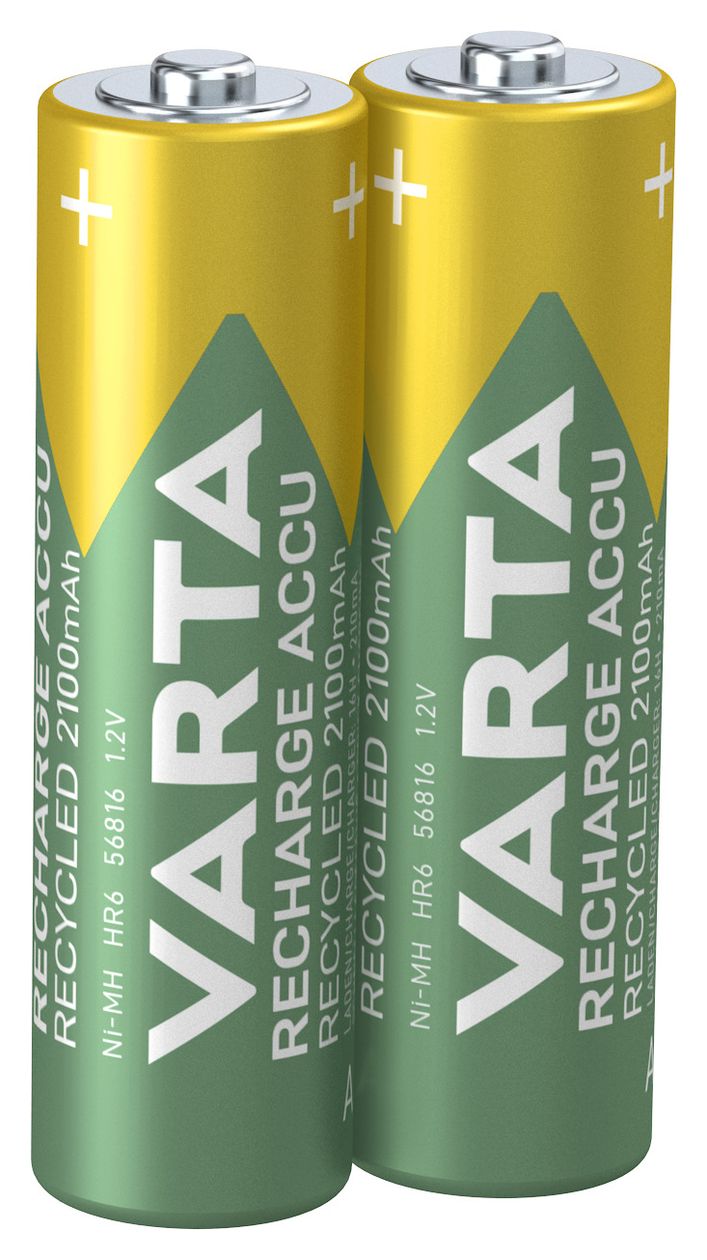 Recharge Accu Recycled AA 2100 mAh 2er-Pack (vorbeladener NiMH-Akku, Mignon, 25 % recycelte Materialien, wiederaufladbarer Akku, sofort einsatzbereit) 
