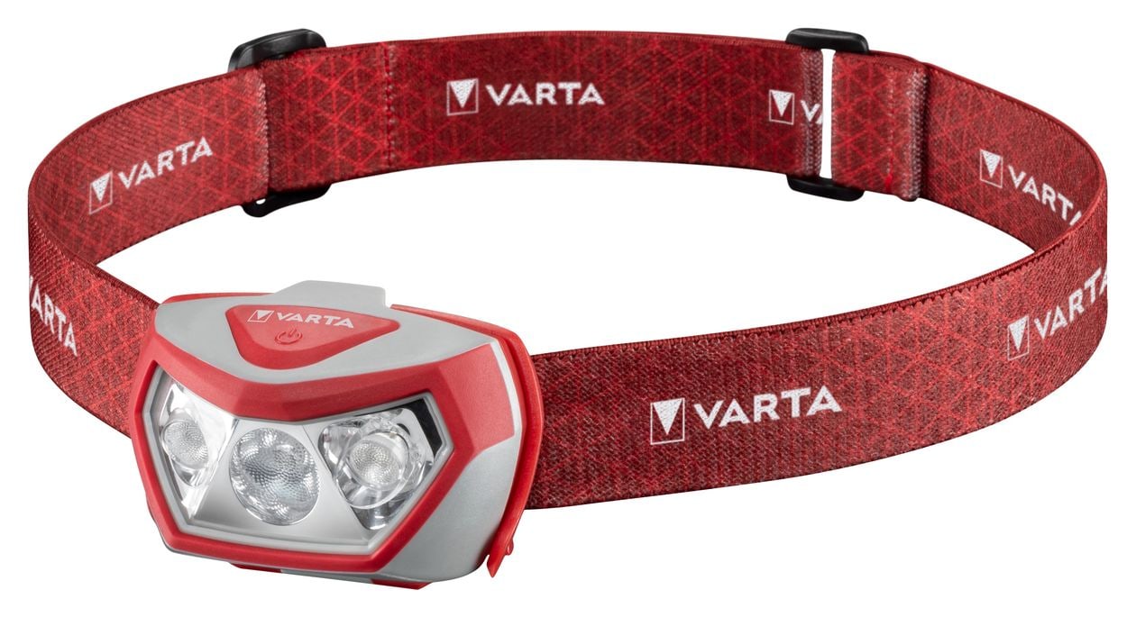 Stirnlampe LED inkl. 3x AAA Batterien Kopflampe, Outdoor Sports H20 Pro, drei Leuchtmodi, spritzwassergeschützt, Dimmfunktion, mit schwenkbarem Kopf, rot 