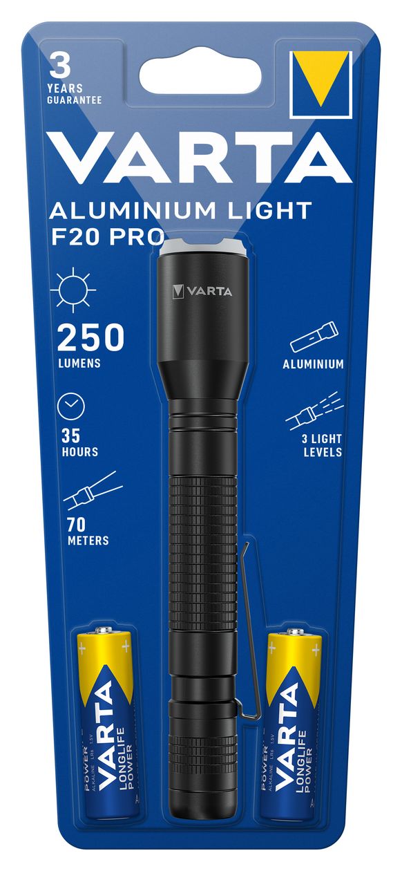 Taschenlampe LED inkl. 2x AA Batterien, Aluminium Light F20 Pro Leuchte, Lampe mit drei Leuchtmodi, Taschenleuchte mit Aluminiumgehäuse, texturiertem Griff, stoßfest 