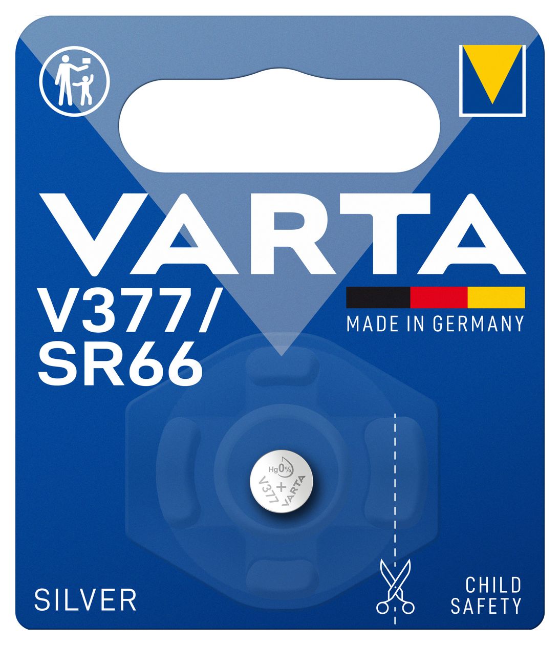 Batterien V377/SR66 Knopfzelle, 1 Stück, Silver Coin, 1,55V, kindersichere Verpackung, für elektronische Kleingeräte - Uhren, Autoschlüssel, Fernbedienungen, Waagen, Made in Germany 