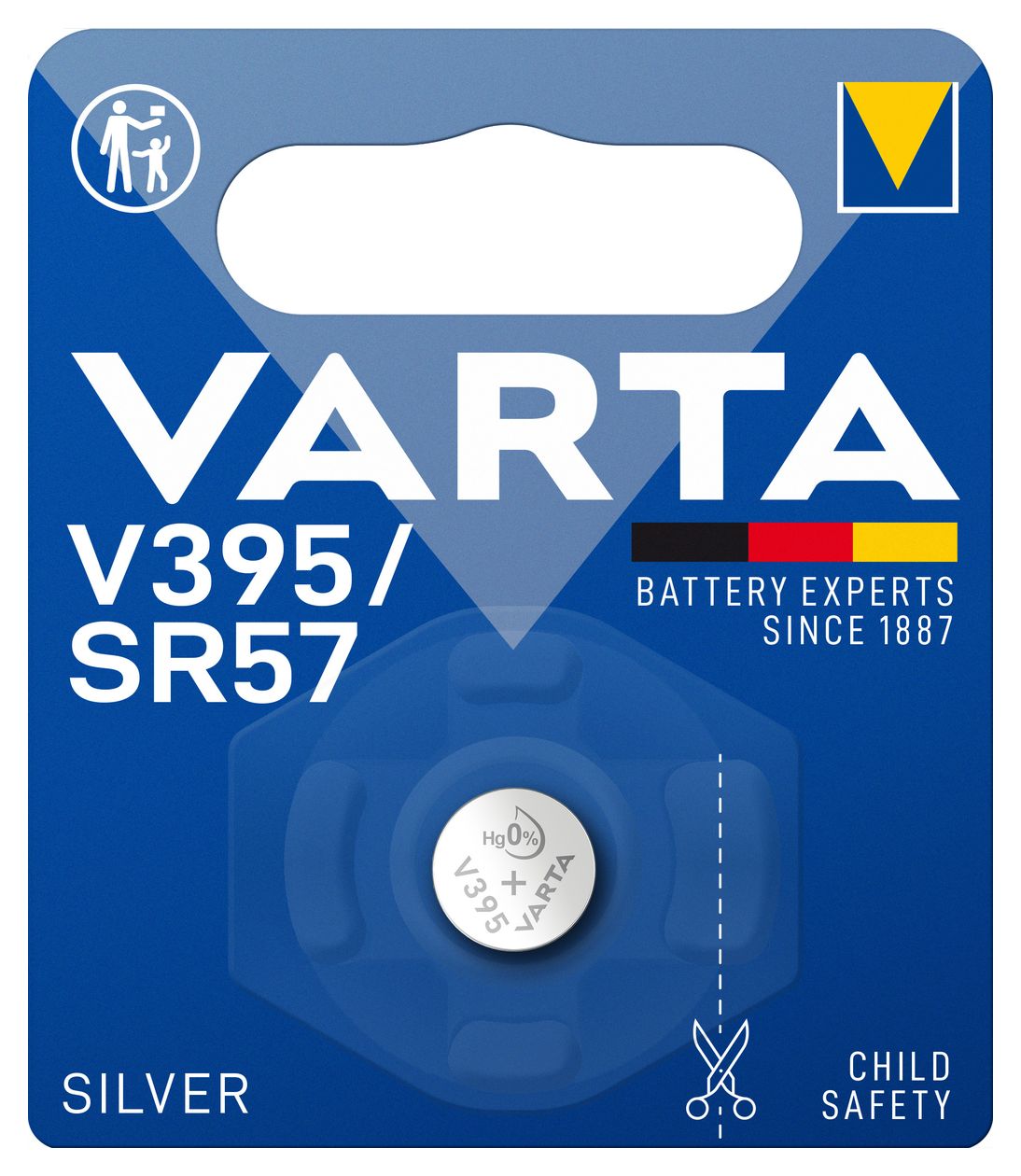 Batterien V395/SR57 Knopfzelle, 1 Stück, Silver Coin, 1,55V, kindersichere Verpackung, für elektronische Kleingeräte - Uhren, Autoschlüssel, Fernbedienungen, Waagen 