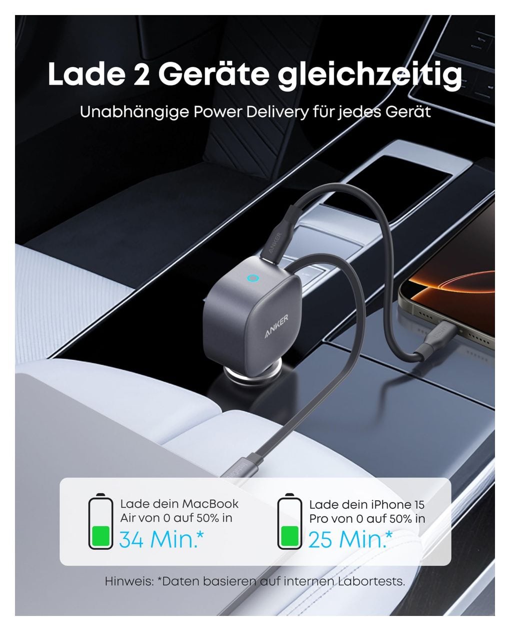 Nano Kfz-Ladegerät (75W, USB-C Port, Integriertes einziehbares USB-C Kabel) 