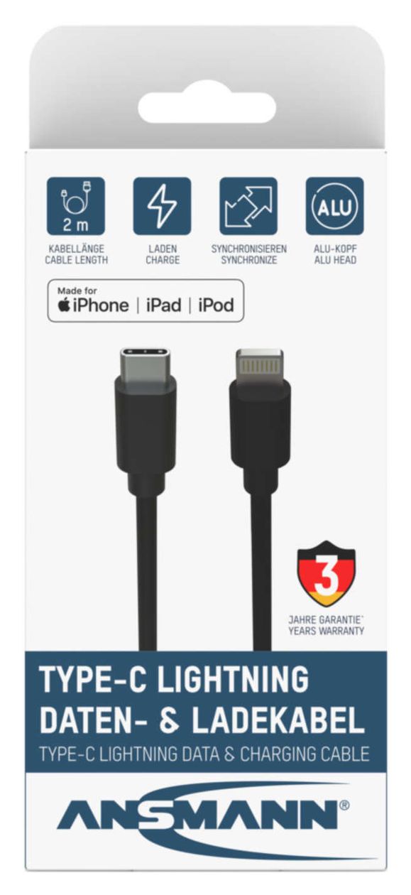1700-0107 Stecker Lightning auf USB C 2 m  (Schwarz) 