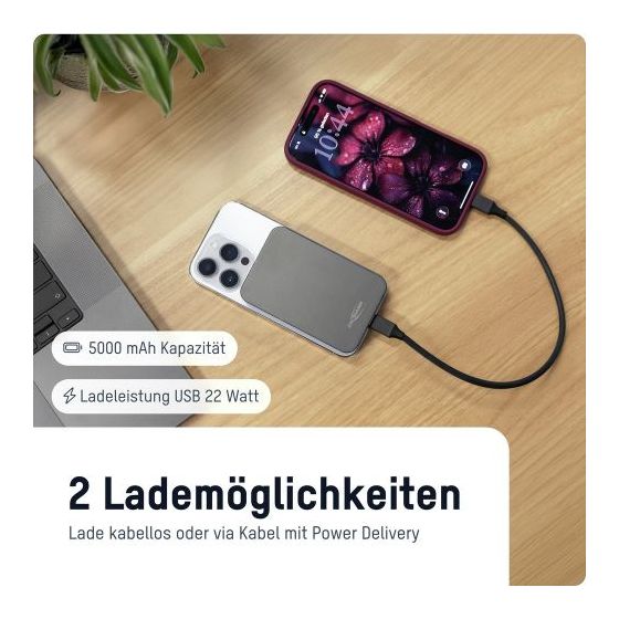 1700-0198 5000 mAh Powerbank USB Typ-C Kabelloses Laden  (Anthrazit) 