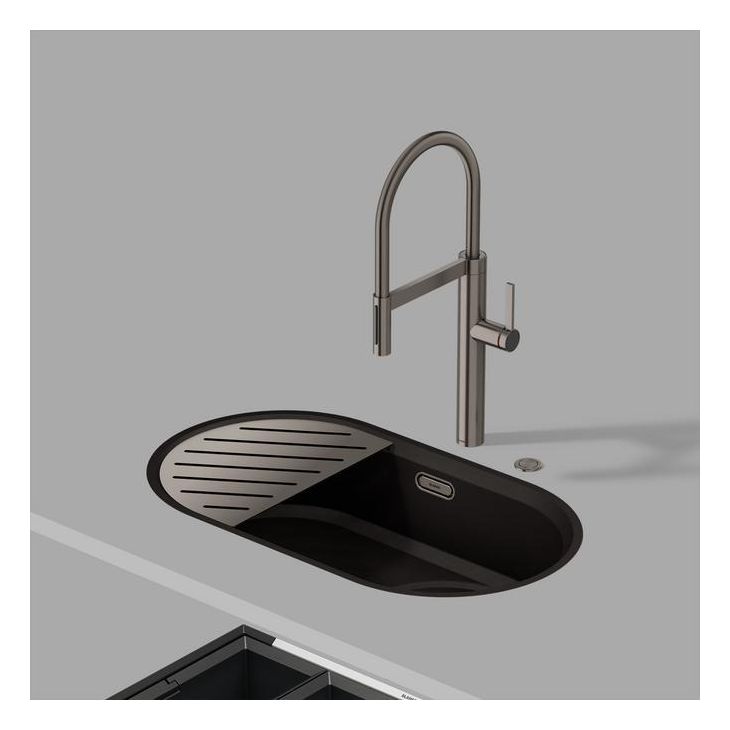 OOVALON 700-IF Flächenbündige Spüle für 80 cm Unterschrank Granit 1 Becken  (Schwarz) 