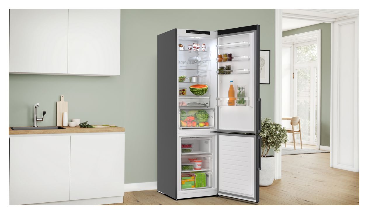 Serie 4 MKK69GNXAO (KGN39VXAU + KSZGGM00) 260 l / 103 l Kühl-Gefrierkombi freistehend NoFrost 104 kWh Jahr (Schwarz, Gebürsteter Stahl) 