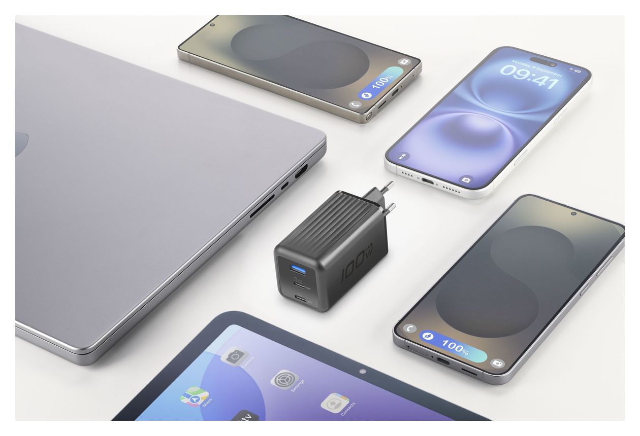 ACH GaN+ 3 Anschlüsse 100W Hochleistungs‑100W‑Wandladegerät mit 2 USB‑C‑ und 1 USB‑A‑Port, kompatibel mit Smartphone, Tablet und Laptop 