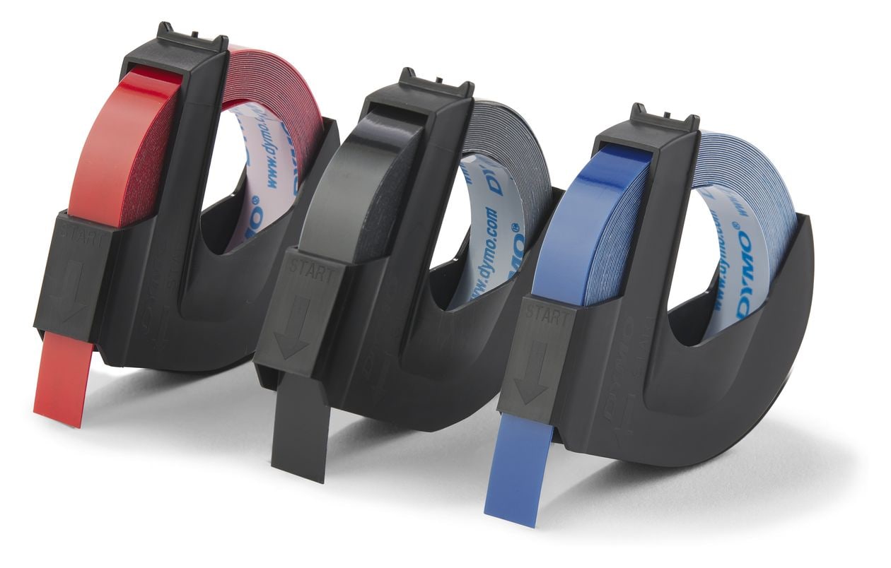 DYMO Original Prägeband | 3D schwarz | blaurot und schwarz | 9 mm x 3 m | selbstklebendes Kunststoff Etikettenband | für Junior & Omega Beschriftungsgerät | 3 Stück 