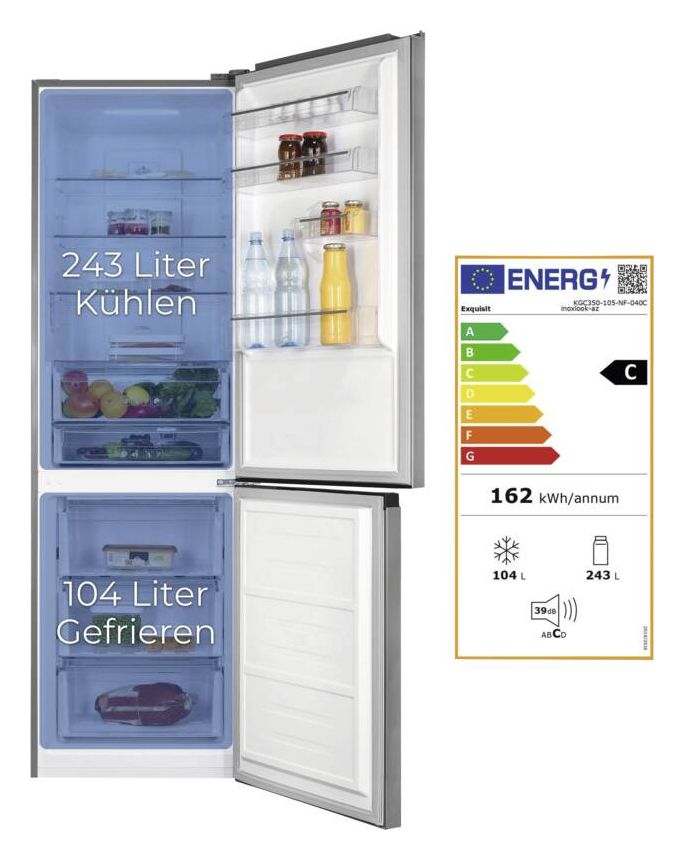 KGC350-105-NF-040C 243 l / 104 l Kühl-Gefrierkombi freistehend NoFrost 162 kWh Jahr  (Schwarz, Edelstahl) 