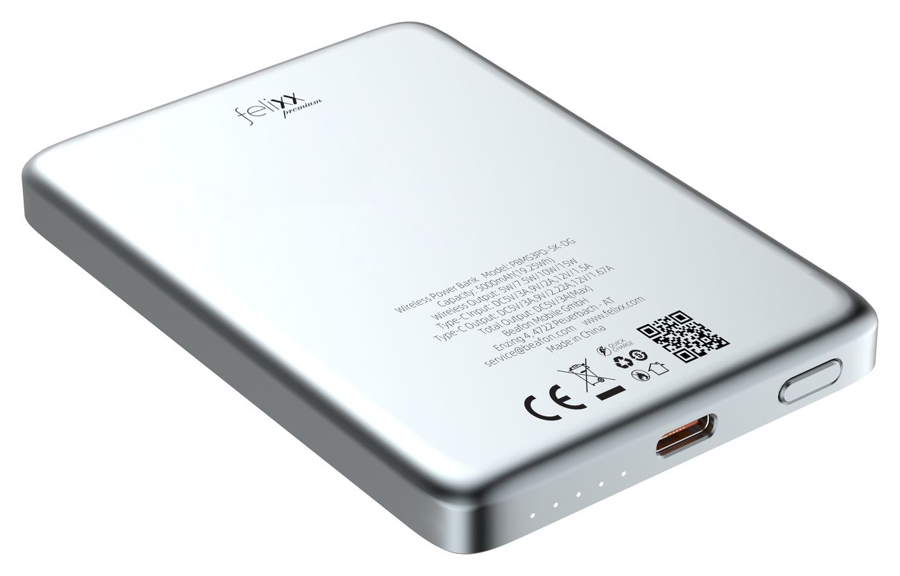 Ultraflach Magnet Slim 5000 mAh Powerbank USB Typ-C Kabelloses Laden  (Grau) 