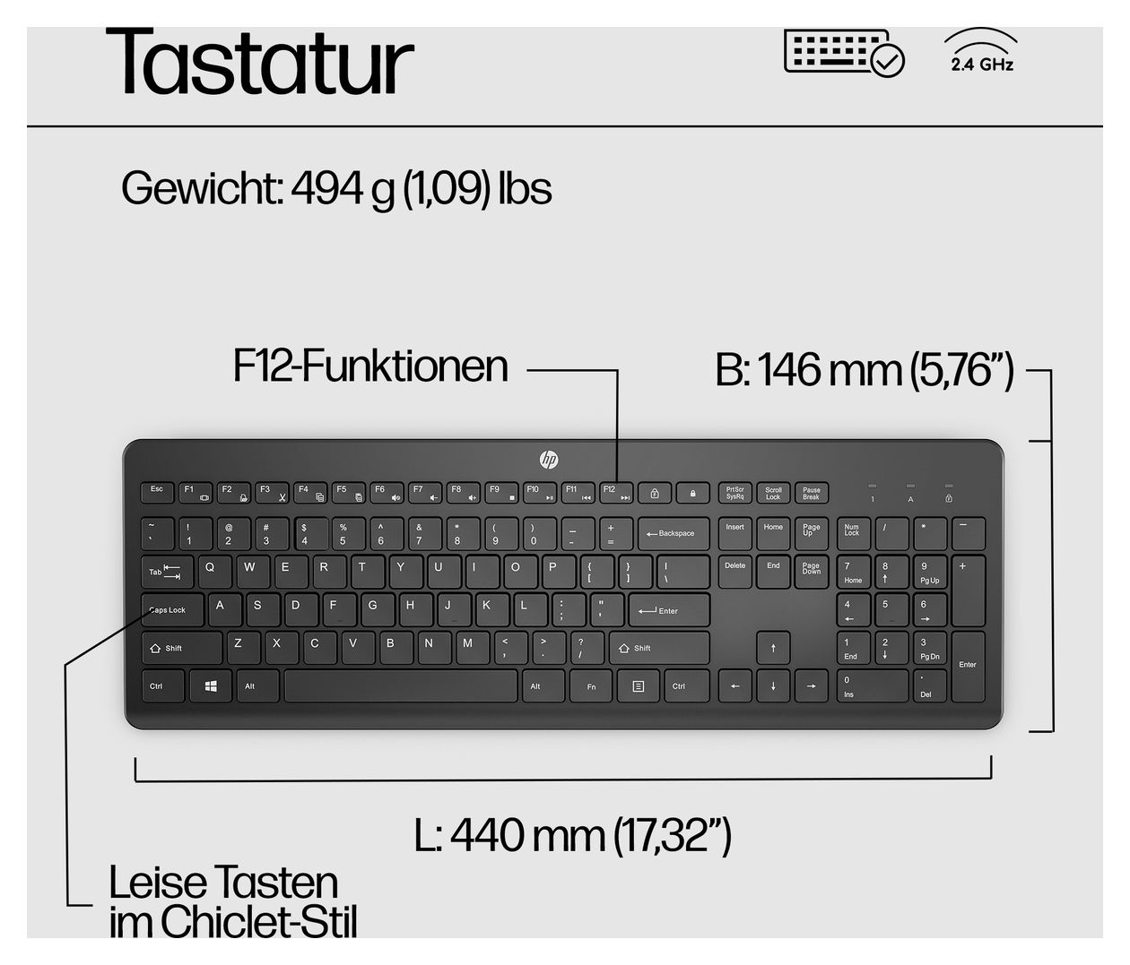 230 Universal Tastatur RF Wireless 2.4 GHz  (Schwarz) 