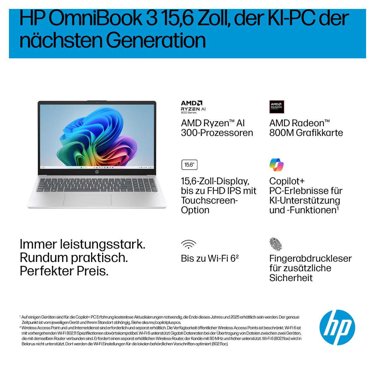 OmniBook 3 15-fn0653ng Full HD Notebook 39,6 cm (15.6 Zoll) 1920 x 1080 Pixel 16 GB Ram 1 TB SSD Windows 11 Home AMD Ryzen 5 max. 4,5 GHz intern  (Silber) 