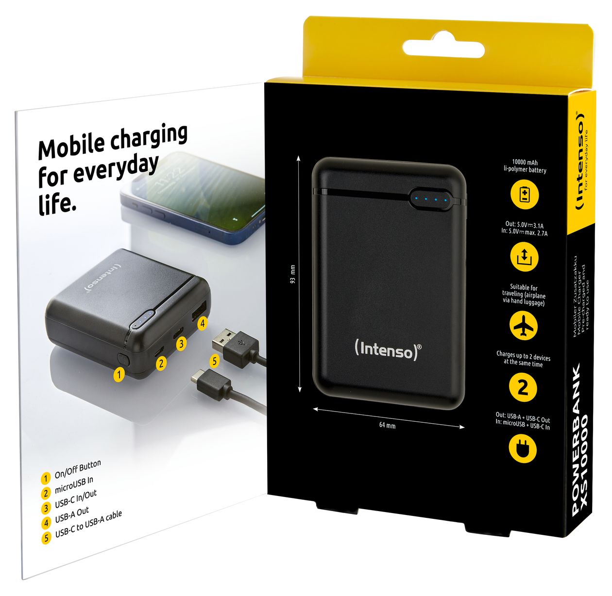 XS 10000 mAh Powerbank Micro-USB + USB Type-C  (Schwarz) 