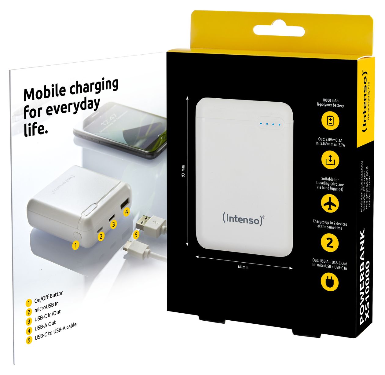 XS 10000 mAh Powerbank Micro-USB + USB Type-C  (Weiß) 