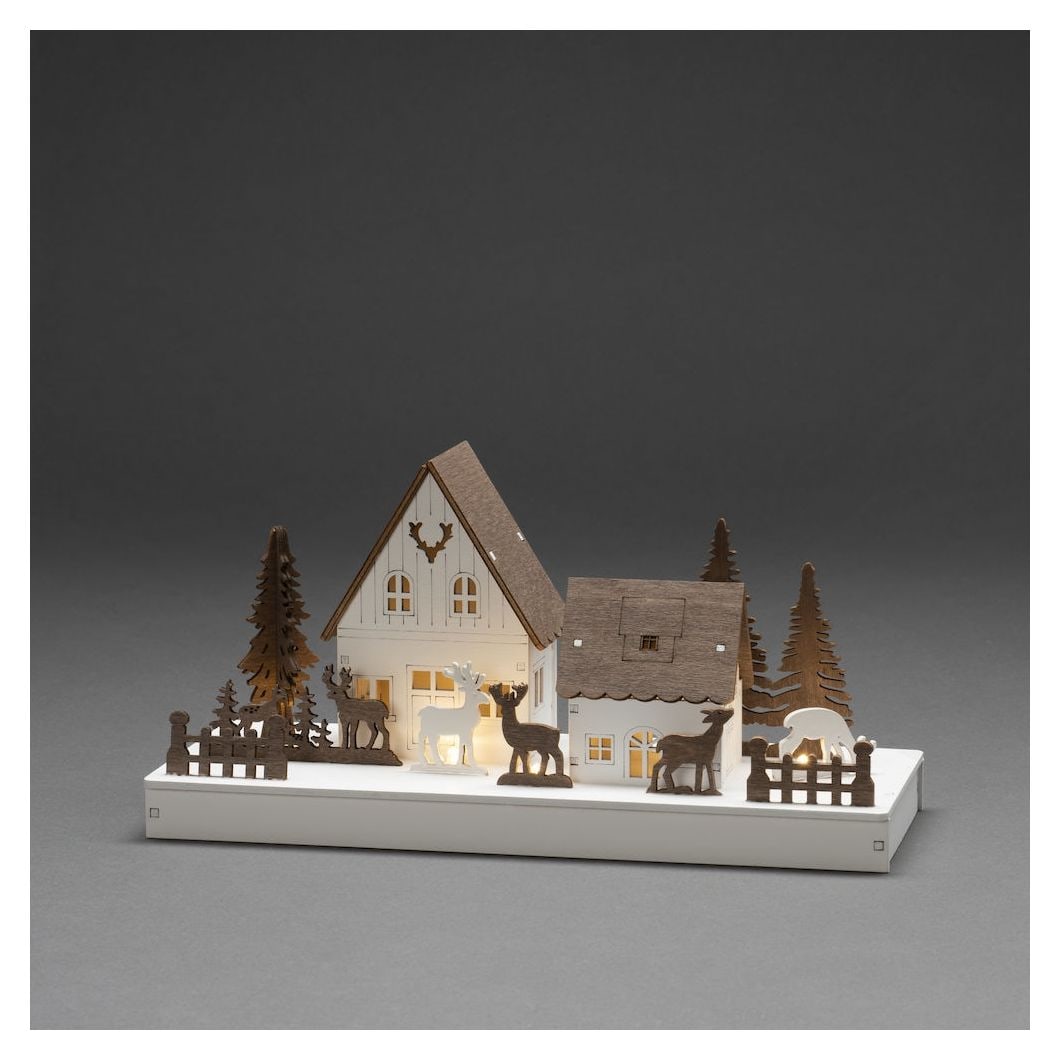 3282-210 Holzsilhouette Waldhäuser mit Rentieren LED 2600 K Batterie 