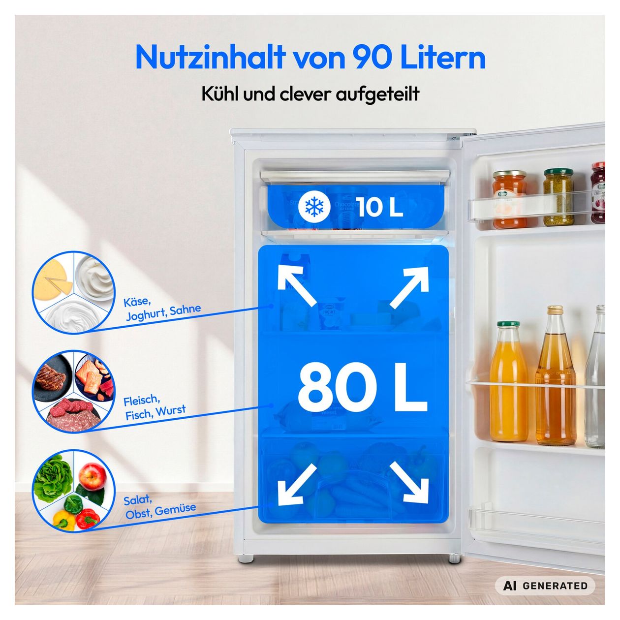 MD370033 90 l / 80 l Tischkühlschrank EEK: E 85 kWh Jahr  (Weiß) 
