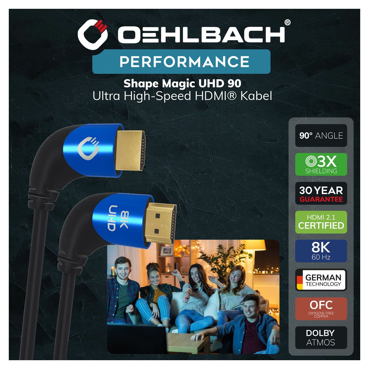 Shape Magic 90 48 Gbit/s Stecker Abgewinkelt HDMI auf HDMI Typ A (Standard) 1 m  (Schwarz, Blau) 