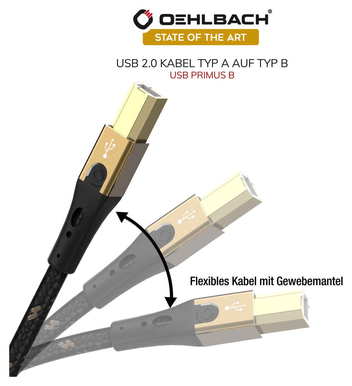 USB Primus B 0,48 Gbit/s Rundkabel USB A auf USB B Männlich 3 m  (Schwarz, Gold) 