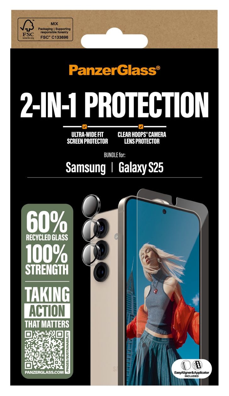 2-in-1 Bundle - Schutzkit Display/Objektiv Klare Bildschirmschutzfolie Gehärtetes Glas, Silikon, Polyethylenterephthalat für Samsung Galaxy S25 