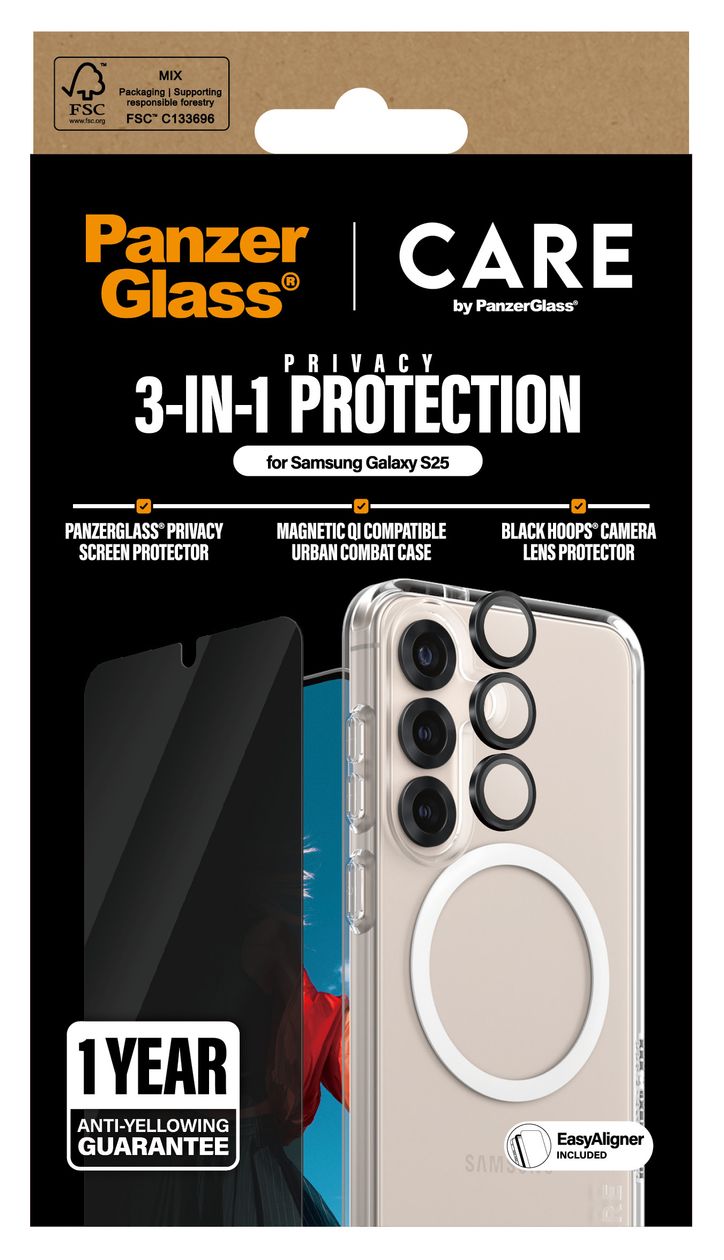 38388  3-in-1 Privacy Set Klare Bildschirmschutzfolie Thermoplastische Polyurethane (TPU), Gehärtetes Glas, Polyethylenterephthalat, Silikon für  Samsung Samsung - Galaxy S25 Kratzresistent, Schockresistent 