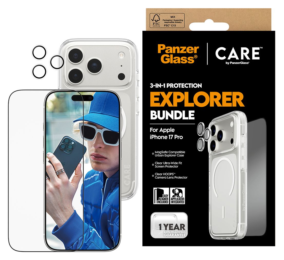 74977 3-in-1 Explorer Set Cover Klare Bildschirmschutzfolie Gehärtetes Glas, Polyethylenterephthalat, Silikon für  Apple Apple - iPhone 17 Pro Kratzresistent, Schockresistent 