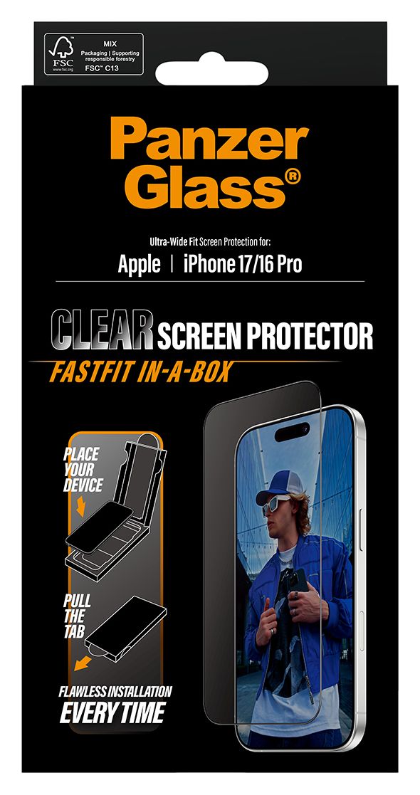 Screen Protector Ultra-Wide Fit mit Fastfit in-a-box Klare Bildschirmschutzfolie gehärtetes Glas für Apple iPhone 17, iPhone 16 Pro 