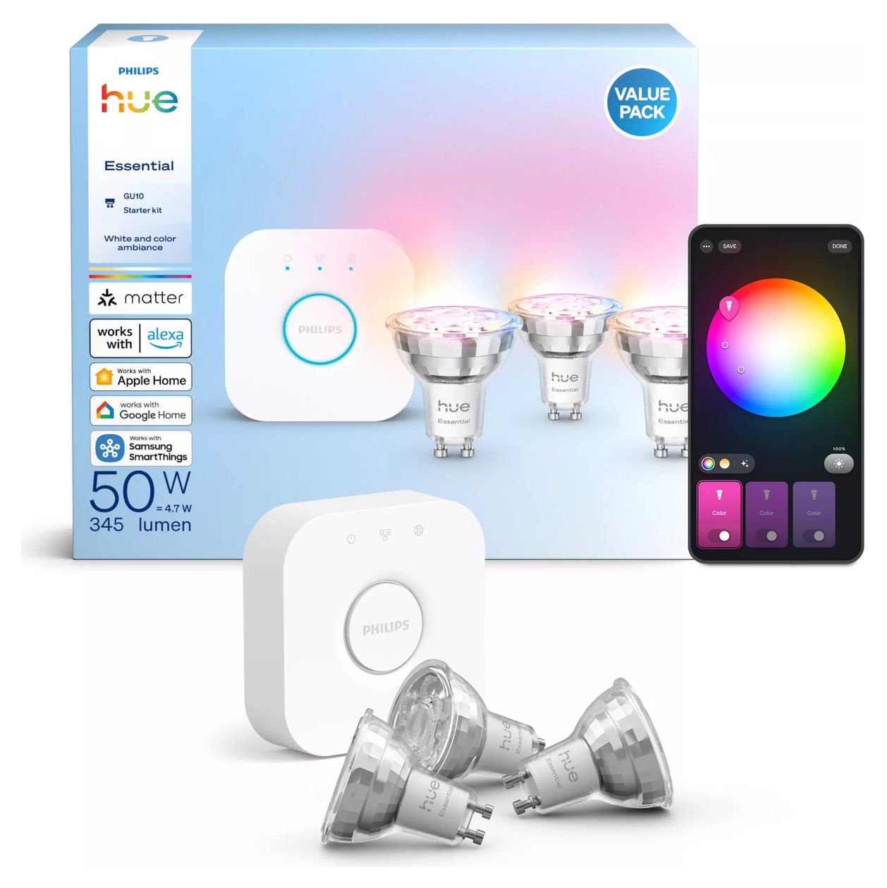 Hue Essential Kit: Bridge + 3 Essential GU10 LED 