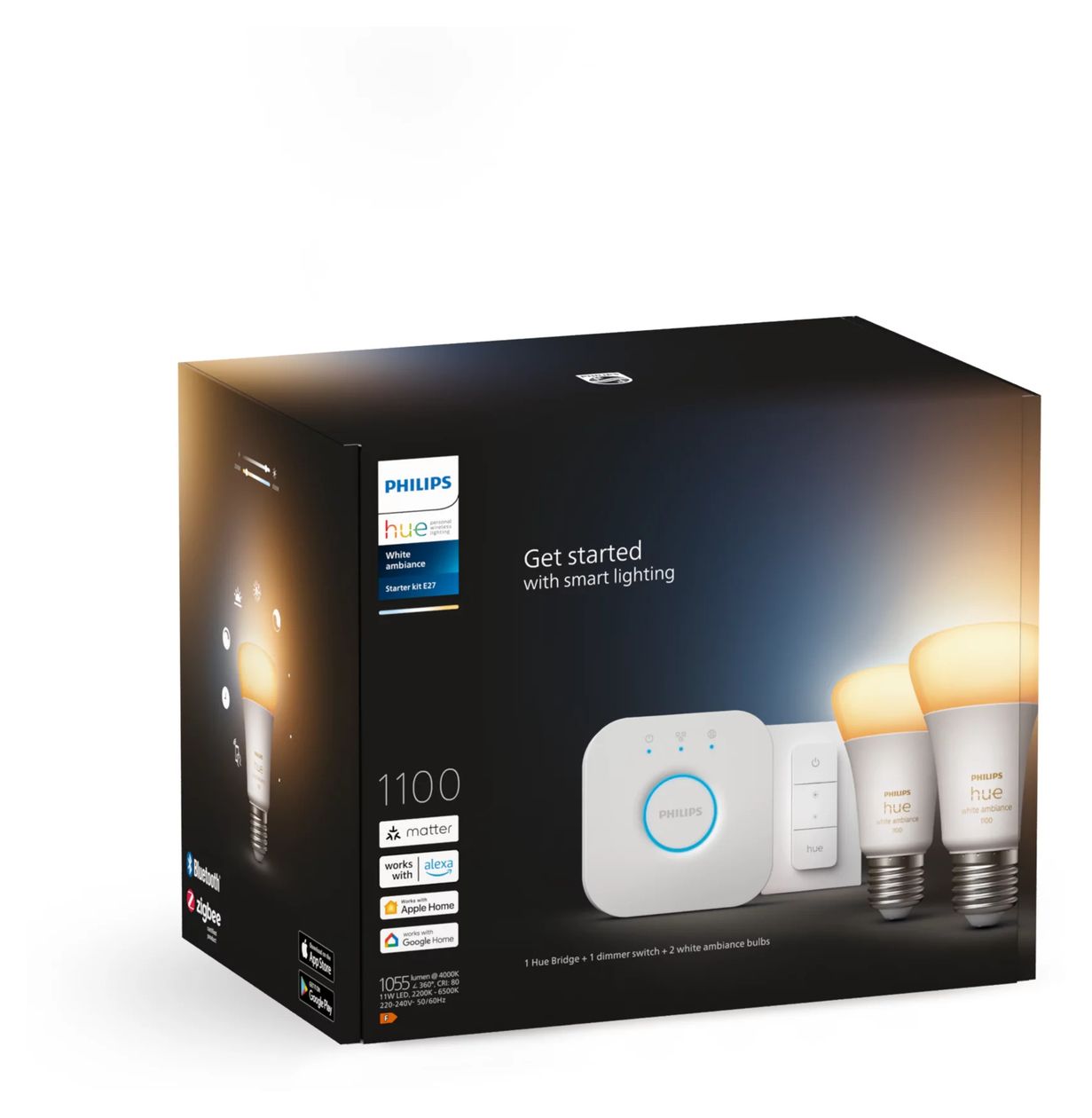 Hue White Ambience Starterset: E27 Lampe A60 Doppelpack + Dimmschalter LED Set für intelligente Beleuchtung 1100 mm Warmweiß, Kaltweiße 