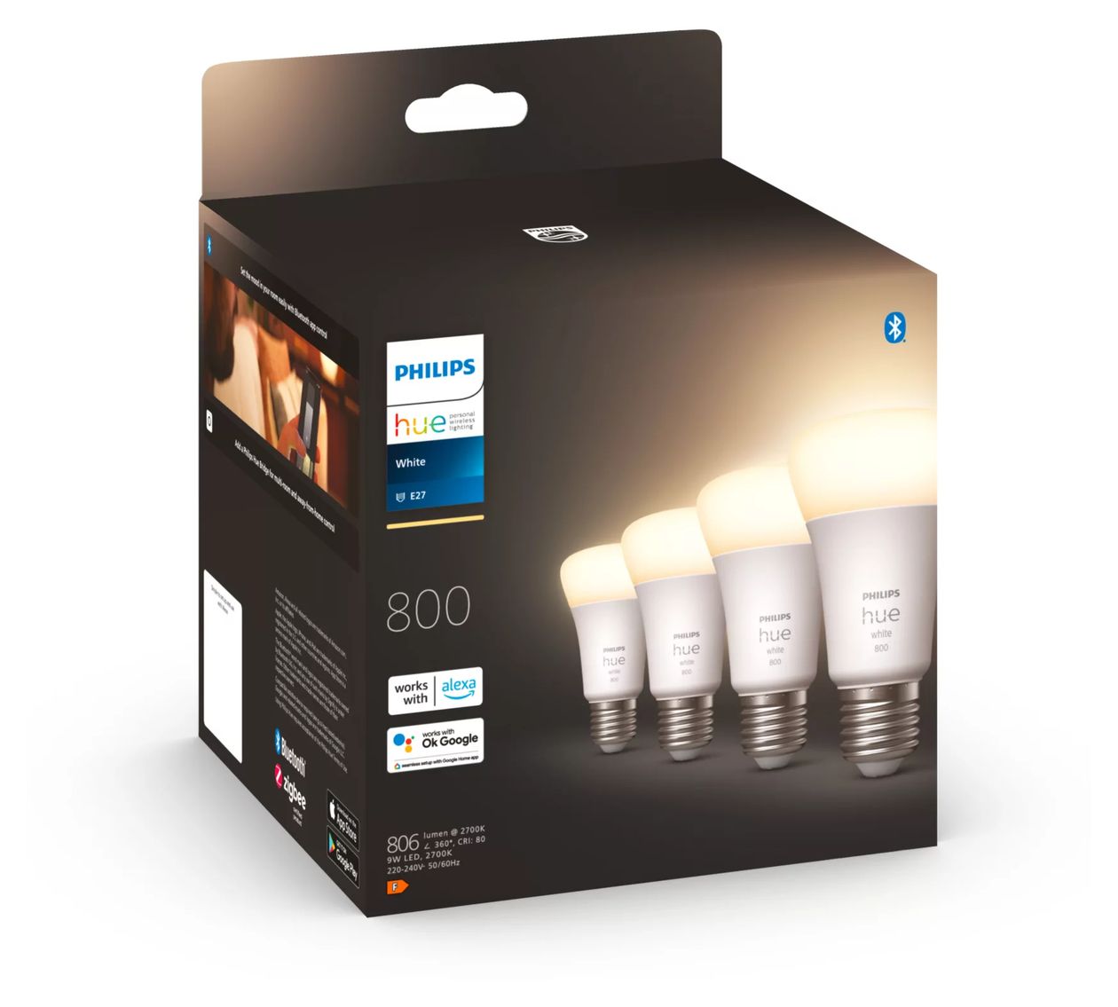 Hue White E27 A60 Viererpack LED Intelligentes Leuchtmittel Weiches Weiß 