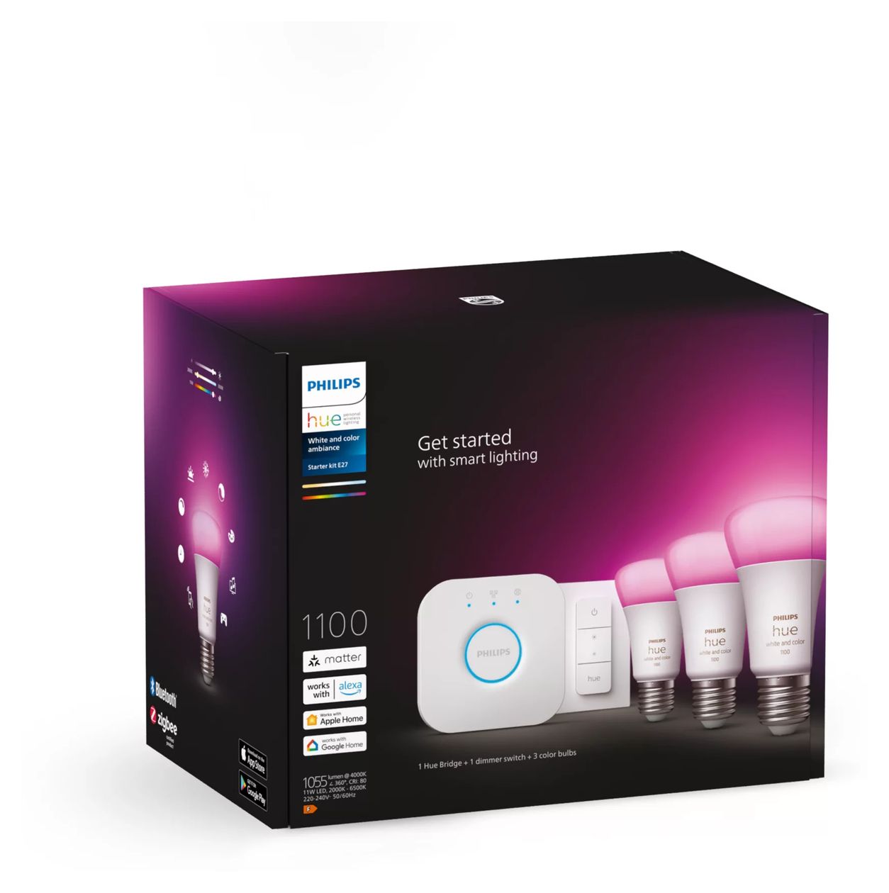 Hue White & Color Ambiance Starter Set 3x E27 + Bridge + 1 Dimmschalter LED Set für intelligente Beleuchtung  (Weiß) 