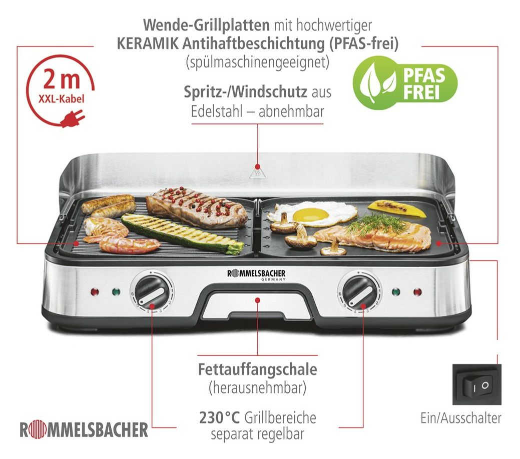 BBQ2025 Tischgrill 2 Zone(n) 2000 W mit 225 x 285 mm Fläche  (Schwarz, Edelstahl) 
