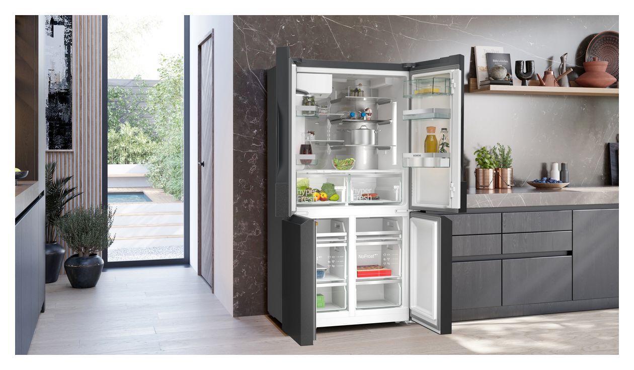iQ500 KF96DAXEA Side-by-Side Kühl-/ Gefrierkombination 375 l / 199 l 327 kWh NoFrost 1830 mm x 905 mm  (Schwarz, Edelstahl) 