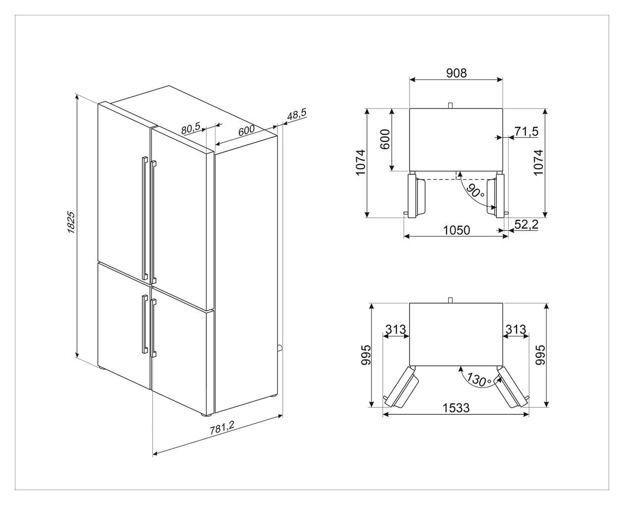 FQ60BDE Side-by-Side Kühl-/ Gefrierkombination 376 l / 196 l 338 kWh NoFrost 1820 mm x 908 mm  (Weiß) 