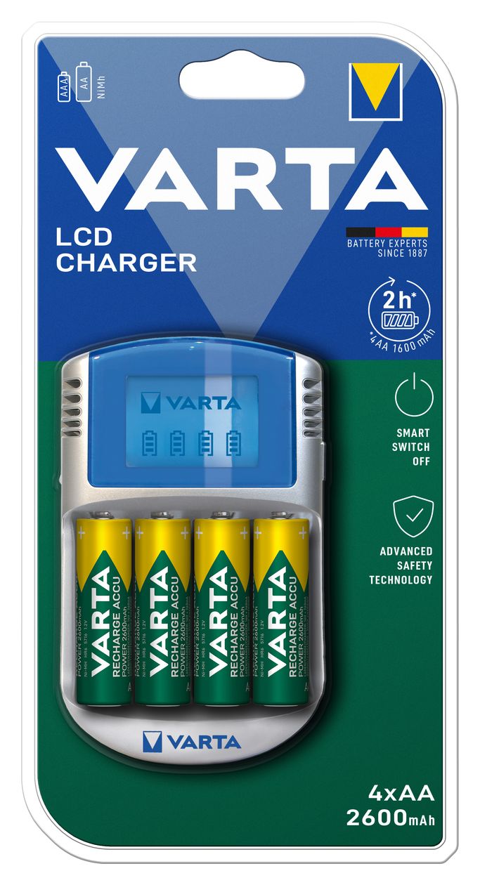 Akku Ladegerät, inkl. 4X AA 2600mAh, Batterieladegerät für wiederaufladbare AA/AAA, LCD Charger, mit USB Kabel & 12V Adapter 
