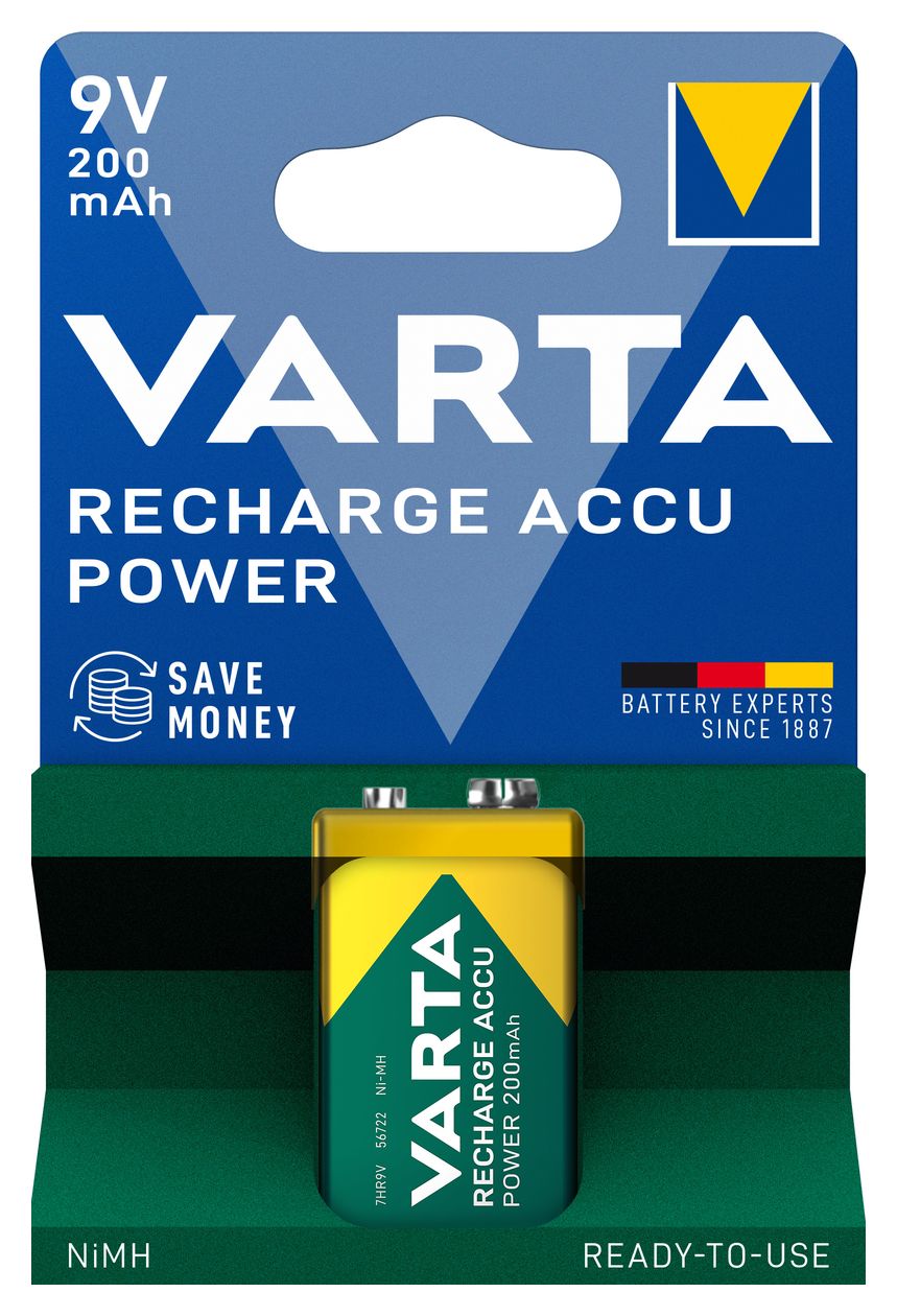 Batterien 9V Blockbatterie, wiederaufladbar, 1 Stück, Recharge Accu Power, Akku, 200 mAh, ohne Memory Effekt, vorgeladen, sofort einsatzbereit 